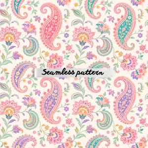 Pode incluir: Um padrão sem costura com grandes formas paisley em rosa, roxo e verde-azulado, intercaladas com elementos florais em um fundo creme. O texto "Seamless pattern" é exibido.