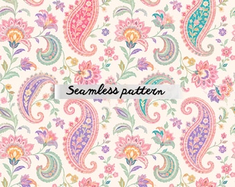 Paisley Seamless Pattern JPG, Boho Floral Digital Paper, Bright Pink Retro Fabric Print, Colorful Hippie Background, Seamless Textile Design
