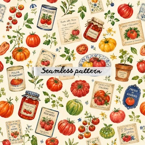 Pode incluir: Um padrão contínuo com ilustrações de tomates vermelhos e verdes, plantas de tomate, frascos de molho de tomate, latas rotuladas como Pomodori e pacotes de sementes de estilo vintage com texto em italiano num fundo creme com o texto Seamless pattern.