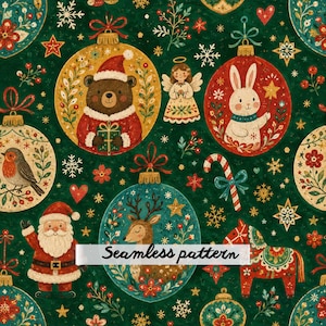 Puede incluir: Un patrón continuo sobre fondo verde oscuro con adornos navideños que contienen ilustraciones de un oso, un conejo y un ciervo. El diseño incluye a Santa Claus, un caballo, un petirrojo, bastones de caramelo, copos de nieve y estrellas. El texto Seamless pattern está centrado.