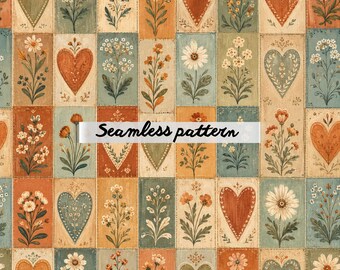 Nahtloses Patchworkmuster „Herzen“ im Folk-Art-Stil (JPG) – Rustikaler Cottagecore-Blumenquilt, Vintage-Design im skandinavischen Stil mit Liebesblöcken