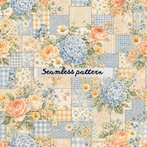 Pode incluir: Um padrão sem costura com um design de patchwork, apresentando elementos florais. O padrão inclui rosas, hortênsias e margaridas azuis claras, amarelas e pêssego. O texto "Seamless pattern" é exibido no centro da imagem.