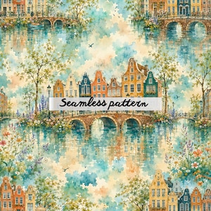 Pode incluir: Padrão sem costura em aquarela com uma cena de canal com edifícios coloridos, pontes e reflexos na água. Os edifícios têm fachadas laranja, azuis e amarelas. O texto "Seamless pattern" está na imagem.