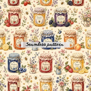 Op de afbeelding: Een naadloos patroon met potten jam en conserven, waaronder aardbei, bosbes en perzik. De potten hebben decoratieve deksels en etiketten, omringd door bloemen, fruit en bijen. De tekst "Seamless pattern" is ook aanwezig.