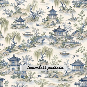 May include: A seamless pattern featuring a blue and white landscape illustration with pagodas, arched bridges, willow trees, bamboo, and small boats on water. The design includes flying birds and rocky terrain on a cream background with the text Seamless pattern.