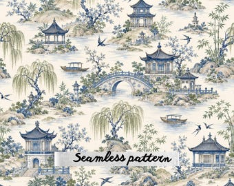 Blue Willow Pagoda Landscape Seamless Pattern JPG | Chinoiserie Toile Digital Paper | Oriental Garden Textile Repeat