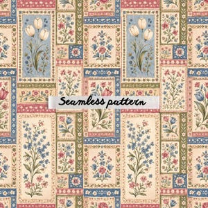 May include: A seamless pattern featuring a repeating design of floral arrangements within rectangular and square frames. The color palette includes soft blues, pinks, greens, and creams. The text "Seamless pattern" is displayed across the image.