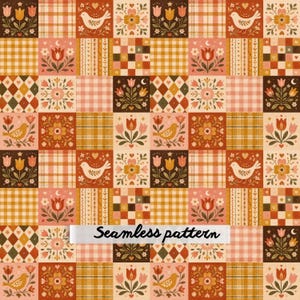 Vintage Floral Patchwork Seamless Pattern, Cottagecore Quilt Botanical Repeat, Rustic Folk Art Fabric Design, Retro Floral Tiles JPG