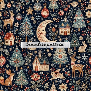 Peut inclure: Un motif sans couture sur fond bleu foncé représentant des sapins de Noël, des cerfs, des lapins, des maisons, des étoiles, des flocons de neige et une lune croissante avec un visage. Les motifs sont ornés de détails rouges, blancs et dorés.