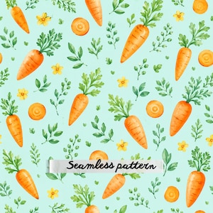 May include: A seamless pattern featuring watercolor illustrations of orange carrots with green leafy tops, small yellow flowers, and green sprigs on a light mint green background. A white horizontal banner displays the text Seamless pattern.