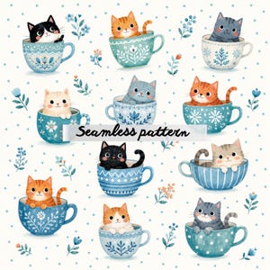 Pode incluir: Um padrão sem costura com vários gatos de desenho animado em xícaras de chá. Os gatos são de cores diferentes, incluindo laranja, preto, cinza e branco. As xícaras de chá são azuis e decoradas com desenhos florais. O texto "Seamless pattern" também está presente.
