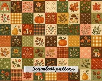 Autumn Patchwork Seamless Pattern JPG, Pumpkin Mushroom Harvest Quilt, Fall Cottagecore Fabric Print Digital Paper