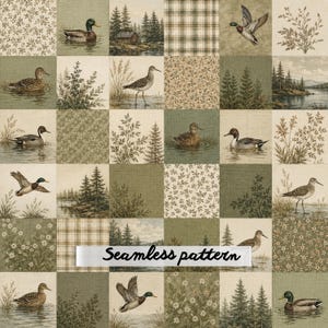 May include: A fabric print featuring a grid of squares with illustrations of ducks, shorebirds, pine trees, cabins, and floral patterns in shades of sage green, brown, and cream. The text "Seamless pattern" is overlaid across the center.