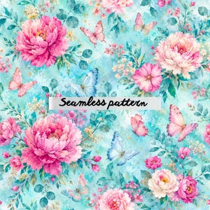 Motif sans couture JPG de pivoines roses et papillons, imprimé floral aquarelle, design de tissu romantique style cottagecore, papier numérique botanique