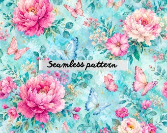 Nahtloses Muster mit rosa Pfingstrosen und Schmetterlingen (JPG), Aquarell-Blumengarten-Druck, romantisches Cottagecore-Stoffdesign, botanisches Digitalpapier