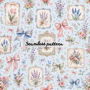 Shabby Chic Lavender Bows Seamless Pattern, Vintage Floral Frames, Cottagecore Watercolor Botanical Repeat JPG