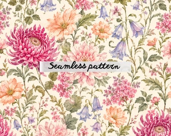 Vintage Chrysanthemum Floral Seamless Pattern JPG, Romantic Cottagecore Botanical Repeat, Soft Watercolor Garden Fabric Design JPG