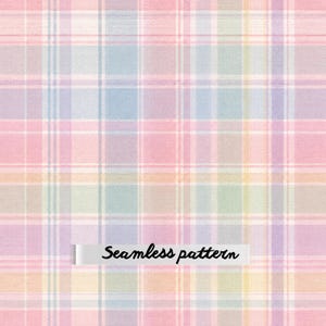 Pode incluir: Um padrão sem costuras com um design xadrez de linhas horizontais e verticais que se cruzam em tons pastel suaves de rosa, azul, amarelo, verde e lavanda. O texto "Seamless pattern" está impresso a preto numa faixa branca retangular.