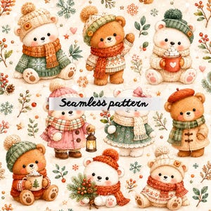Op de afbeelding: Een naadloos patroon met schattige cartoonberen in winterkleding. De beren dragen mutsen, sjaals en truien in verschillende kleuren, waaronder groen, oranje en wit. De tekst "Seamless pattern" is zichtbaar.
