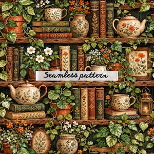May include: A seamless pattern featuring a vintage bookshelf filled with books, teacups, teapots, and potted plants. The design includes the text "Seamless pattern" in a cursive font, with a warm, inviting color palette of greens, browns, and oranges.