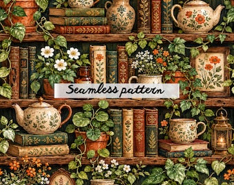 Bücherregal-Muster im Cottagecore-Stil | Nahtloses Muster mit rosa Blumen und Büchern | Digitaler Download.