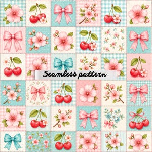 Puede incluir: Un patrón continuo que presenta una cuadrícula de cuadrados con ilustraciones de flores de cerezo rosas, cerezas rojas con tallos y lazos en rosa y azul. Los cuadrados de fondo alternan texturas de cuadros y lunares. El texto dice Seamless pattern.