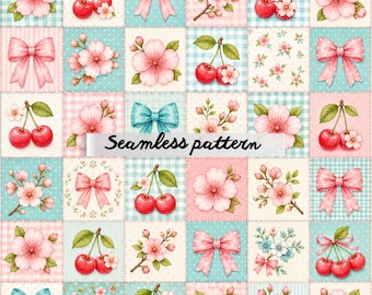 Nahtloses Patchwork-Muster mit Kirschblüten und Schleifen (JPG) – Rosa Sakura-Blüten, süße Kirschen, Vichy-Karo-Steppdecke