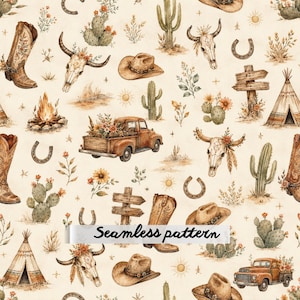 May include: A seamless pattern featuring watercolour illustrations of cowboy boots, cow skulls, cacti, pickup trucks with flowers, teepees, campfires, horseshoes, and wooden signs on a cream background with the text Seamless pattern.
