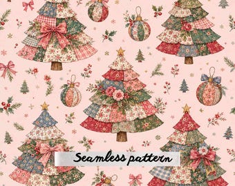 Vintage Patchwork Christmas Trees Seamless Pattern, Cottage Floral Holiday Ornaments Digital Paper JPG