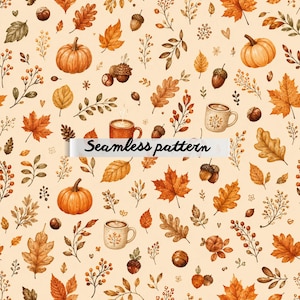 May include: A seamless pattern featuring watercolor illustrations of orange pumpkins, brown acorns, various autumn leaves, and mugs of coffee on a light cream background. A white horizontal banner with the text Seamless pattern is centered.
