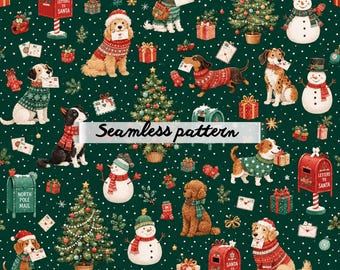Nahtloses Weihnachtsmuster mit Hund (JPG), Weihnachtswelpenstoff, Festlicher Hundedruck, Digitales Weihnachtspapier