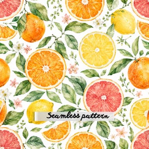 Puede incluir: Un patrón continuo con ilustraciones en acuarela de naranjas, limones y pomelos, incluyendo frutas enteras, mitades cortadas y gajos, intercalados con hojas verdes y pequeñas flores blancas sobre un fondo blanco con texto.