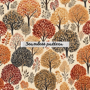 May include: A seamless pattern featuring stylized trees in shades of orange, brown, and gray against a beige background. The trees have rounded canopies and are interspersed with smaller foliage. The text "Seamless pattern" is displayed.
