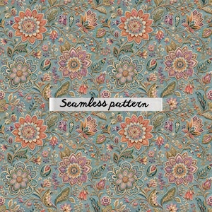 May include: A seamless pattern featuring a dense arrangement of intricate floral motifs in shades of coral, purple, and teal against a muted blue background. The design includes stylized blossoms, winding vines, and small buds. Text reads Seamless pattern.