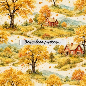 May include: A seamless pattern featuring a watercolor landscape with red houses, winding dirt paths, and large trees with golden yellow autumn leaves. The scene includes rolling hills, distant mountains, and the text Seamless pattern.