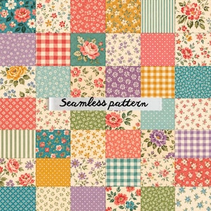 Vintage Cottage Floral Patchwork Seamless Pattern JPG – Shabby Chic Quilt Blocks, Gingham Checks & Romantic Garden Fabric Design