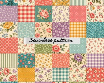 Nahtloses Patchwork-Muster im Vintage-Cottage-Stil mit Blumenmuster (JPG) – Shabby-Chic-Quiltblöcke, Vichy-Karo und romantisches Gartenstoffdesign
