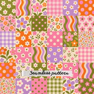 Puede incluir: Un patrón sin costuras que presenta una cuadrícula de cuadrados con varios diseños que incluyen flores coloridas, líneas onduladas, lunares y cuadros vichy en tonos rosa, naranja, morado, verde y blanco, con el texto Seamless pattern superpuesto.