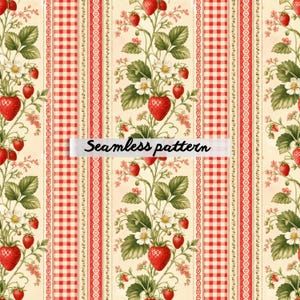 Pode incluir: Padrão sem costura com morangos vermelhos, folhas verdes e flores brancas sobre fundo creme. Listras xadrez vermelhas e brancas e rendas se alternam com videiras de morango. O texto "Seamless pattern" é exibido.