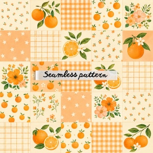 May include: A seamless pattern design featuring orange and cream-colored squares. Each square contains illustrations of oranges, flowers, and star patterns. The text "Seamless pattern" is displayed across the center.