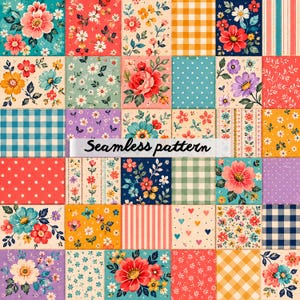 Pode incluir: Um design de patchwork digital apresentando uma grade de quadrados com vários padrões florais, xadrez vichy, bolinhas, listras e pequenos motivos de coração em cores vibrantes como vermelho, azul, amarelo e roxo, com o texto Seamless pattern.