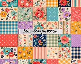 Nahtloses Vintage-Blumen-Patchworkmuster, botanisches Cottagecore-Quiltmuster, rustikales Stoffdesign im Volkskunststil, Retro-Blumenfliesen (JPG)
