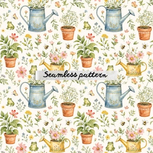 May include: A seamless pattern featuring blue and yellow watering cans filled with flowers, terracotta pots with green plants, small green frogs, bees, and butterflies on a cream background. The text Seamless pattern is centered.