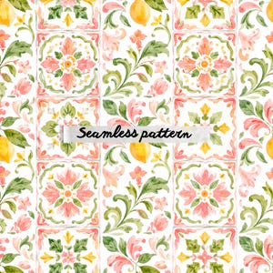 Pode incluir: Padrão sem costura em aquarela com ladrilhos quadrados com motivos florais e limões. O design inclui flores rosa, folhas verdes e limões amarelos em um fundo branco. O texto "Seamless pattern" é exibido.