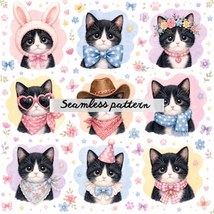 May include: A seamless pattern featuring nine illustrations of black and white kittens with large eyes, each wearing different accessories including a bunny hat, bow tie, flower crown, heart sunglasses, cowboy hat, scarf, and party hat.