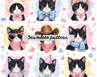 Nahtloses Kawaii-Katzenmuster (JPG) – Niedliche Katzenporträts, pastellfarbene Schleifen, Herzen & verspieltes Stoffdesign fürs Kinderzimmer