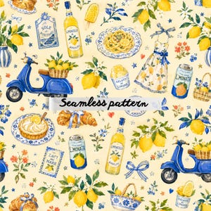 May include: A seamless pattern with watercolour illustrations of lemons, blue Vespas, pasta, gelato, and limoncello bottles. The design includes the text "Seamless pattern" on a light yellow background with floral and star accents.