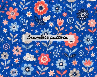 Motivo floreale scandinavo senza soluzione di continuità JPG – Fiori di prato blu, ripetizione botanica nordica, design per tessuti in stile cottagecore stravagante
