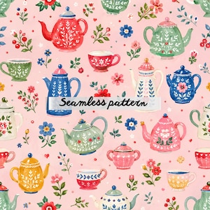 Pode incluir: Padrão sem costura com ilustrações de bules e chávenas de chá em vermelho, verde, azul, rosa e amarelo, decorados com flores e folhas. O texto "Seamless pattern" é exibido sobre um fundo rosa claro.