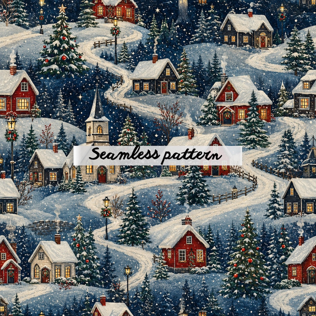 Winter Village Seamless Pattern JPG | Cozy Christmas Cottage Snow Scene ...